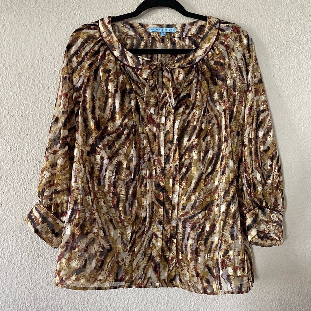 Elegant Antonio Melani Blouse Women’s Medium Multicolored Sheer Tie Front Classy
